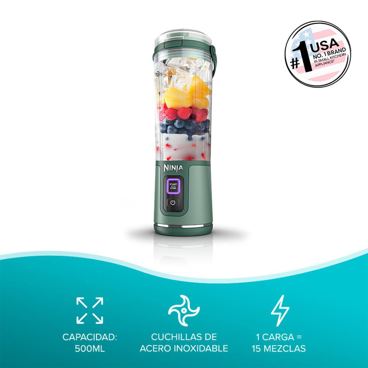 NINJA - Licuadora Individual Inlámbrica 0.5 Litros Verde Blast Esmerald
