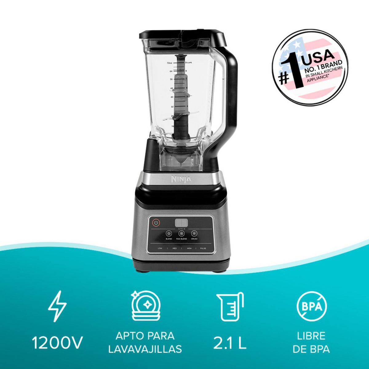 NINJA - Licuadora 2.1 Litros Plateado Profesional Plus 2 en 1