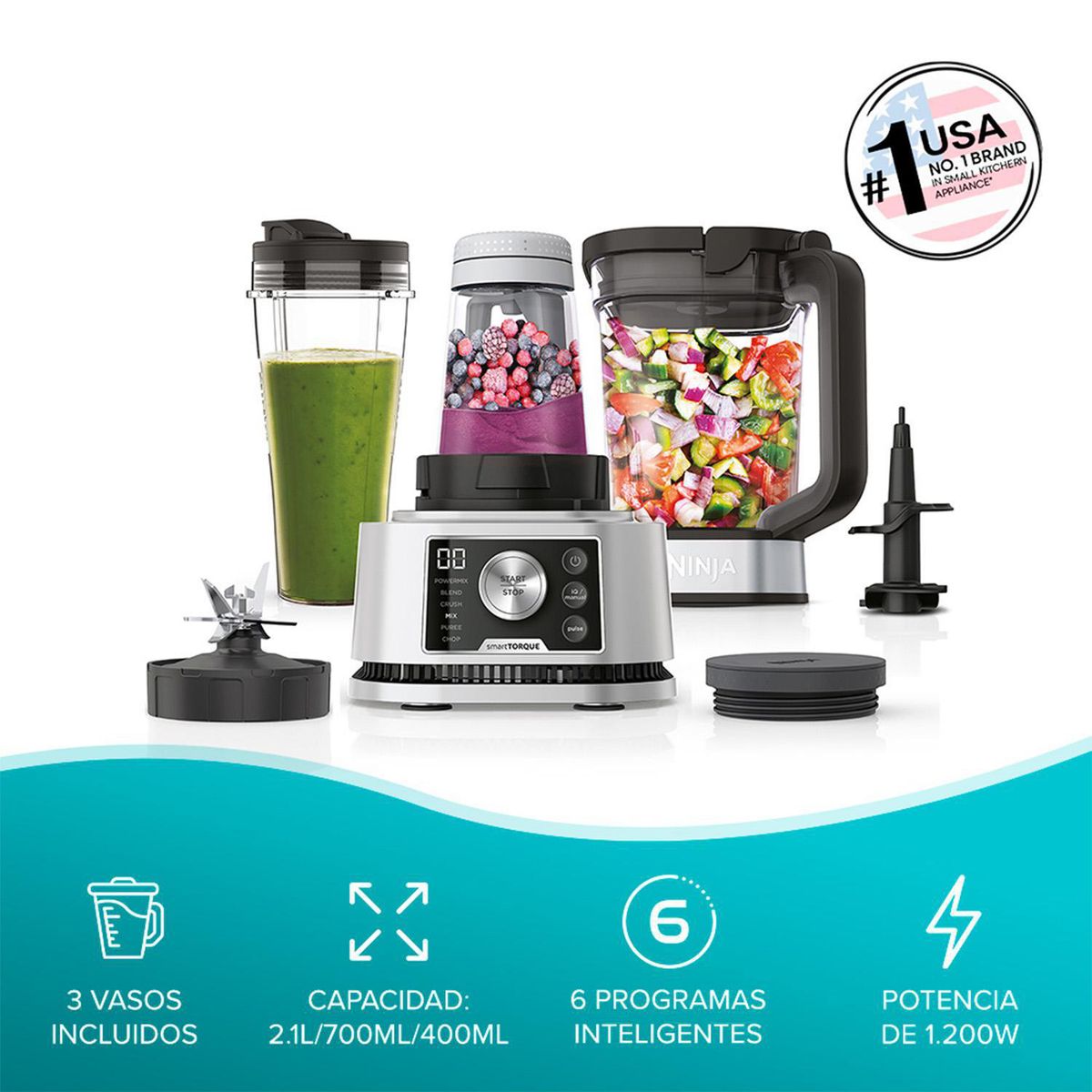 NINJA - Licuadora 2.1 Litros Plateado Foodie 3 En 1