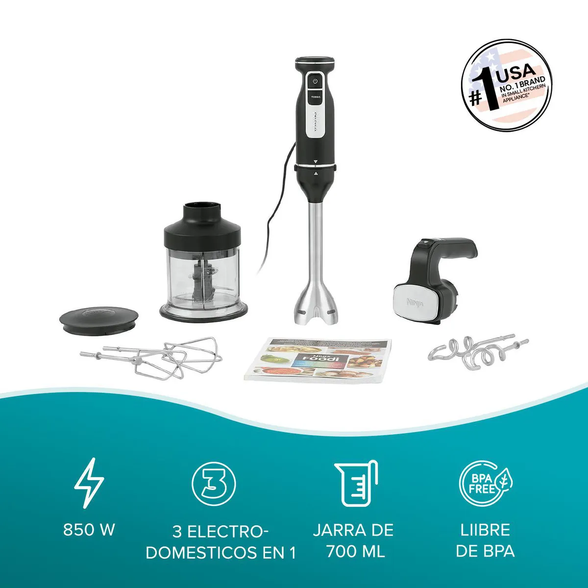 NINJA - Batidora De mano 0.7 l 850 W Multicolor 2 En 1 Foodi