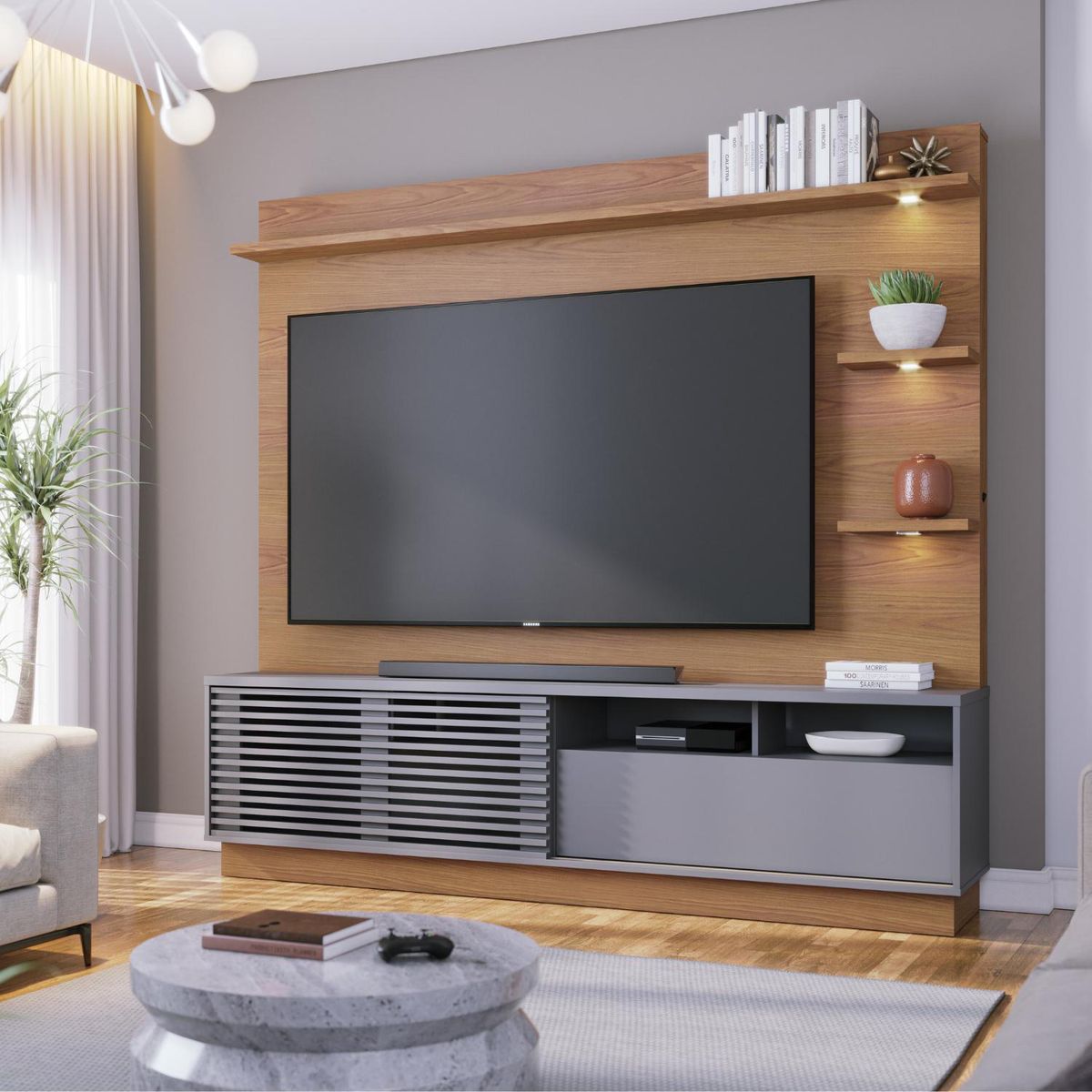 ONESSTA - Home TV 70 " Campeche Freijo/Cinza 193x200x40.9 cm