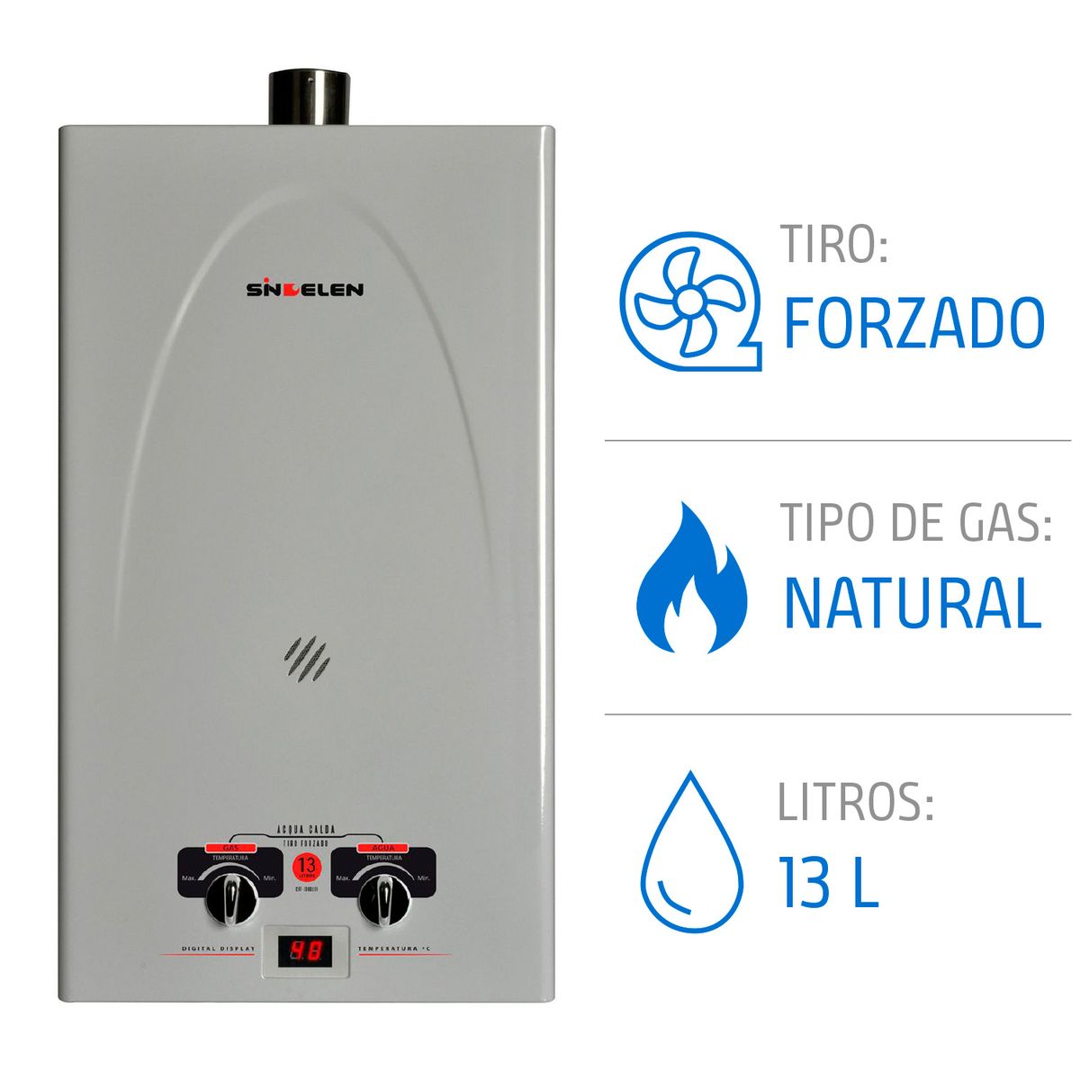 SINDELEN - Calefont Gas Natural 13 Litros Tiro Forzado Ionizado