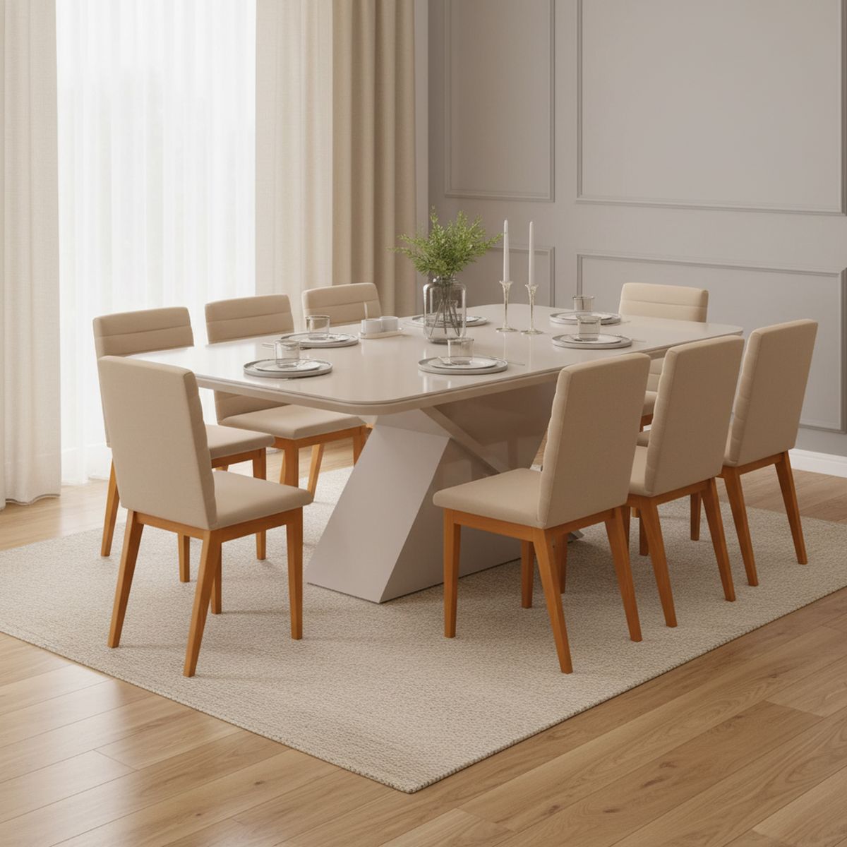 DI PORETTI - Juego de comedor Sofia 8 Sillas Mesa Rectangular 200x81,5x100 cm Blanco