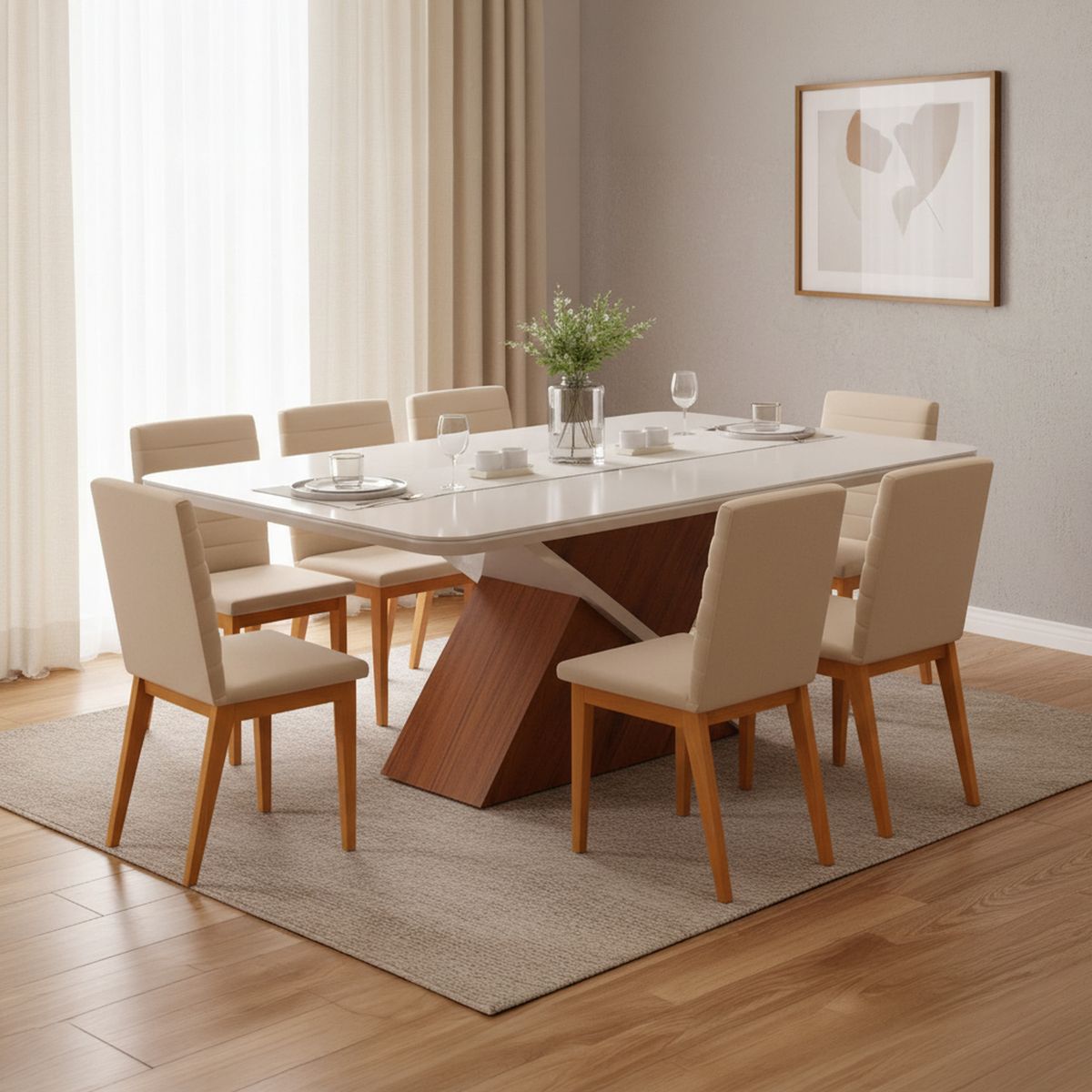 DI PORETTI - Juego de comedor Zafira 8 Sillas Mesa Rectangular 200x81,5x100 cm Blanco