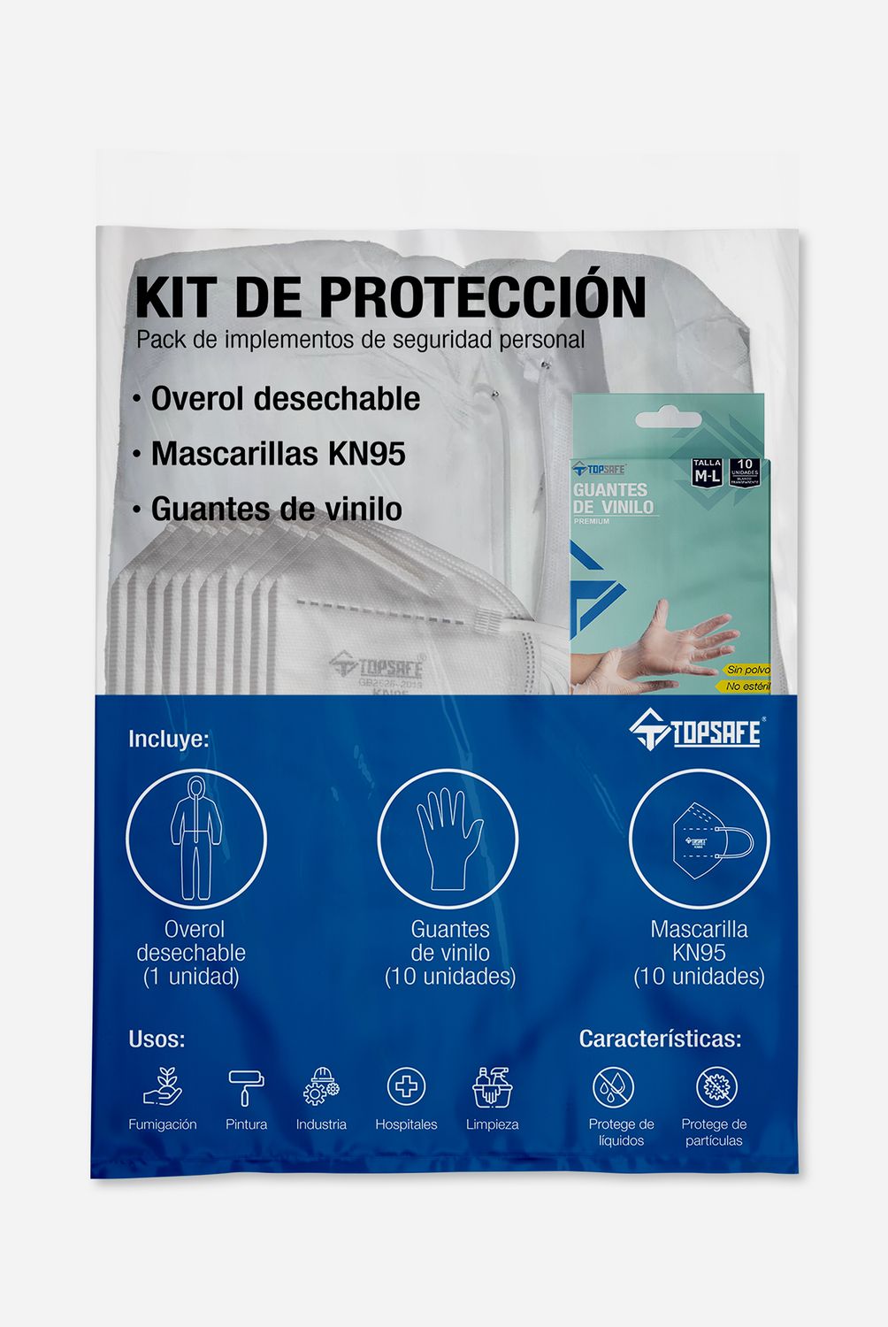 TOPSAFE - Kit Proteccion Buzo Guantes y Mascarillas Desechables