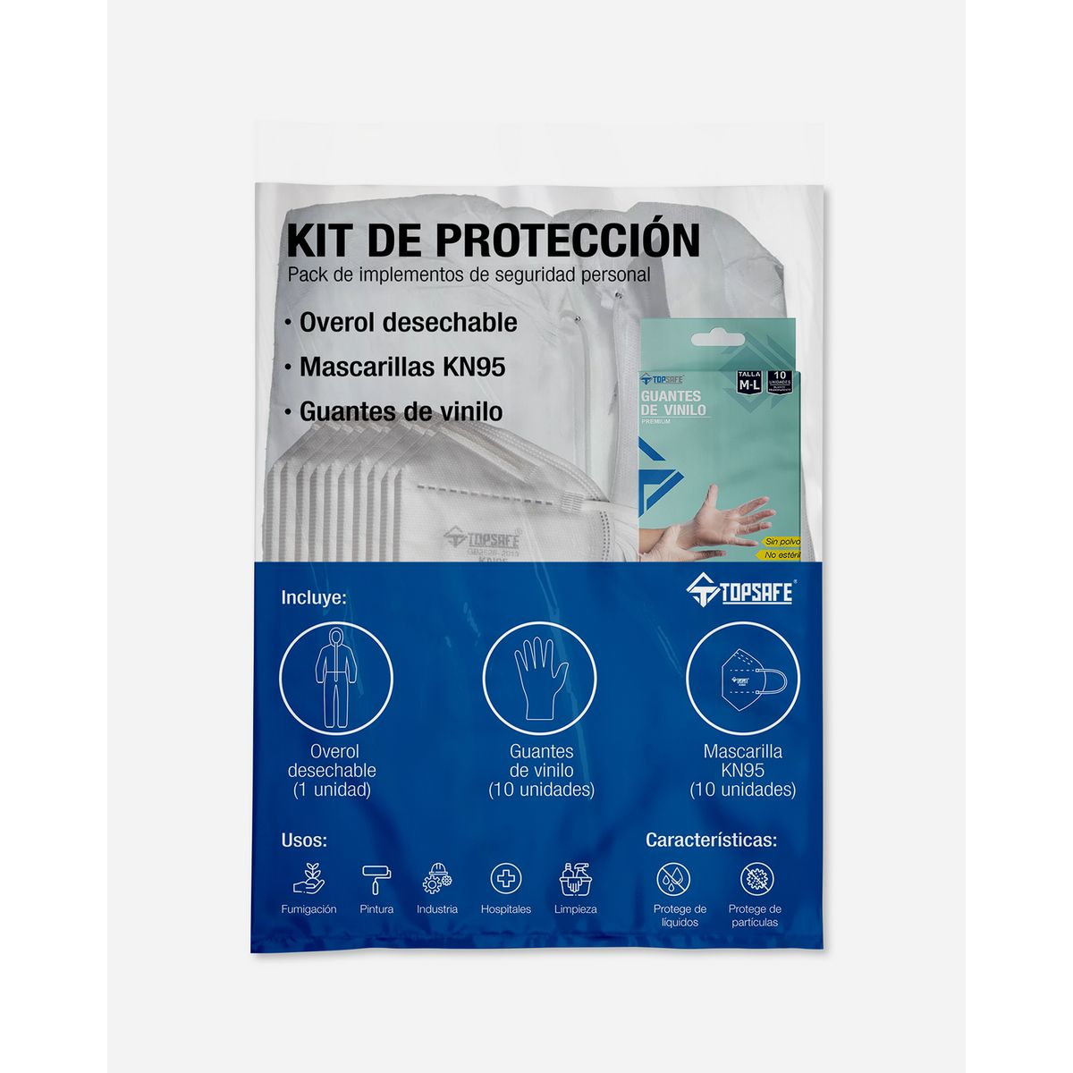 TOPSAFE - Kit Proteccion Buzo Guantes y Mascarillas Desechables