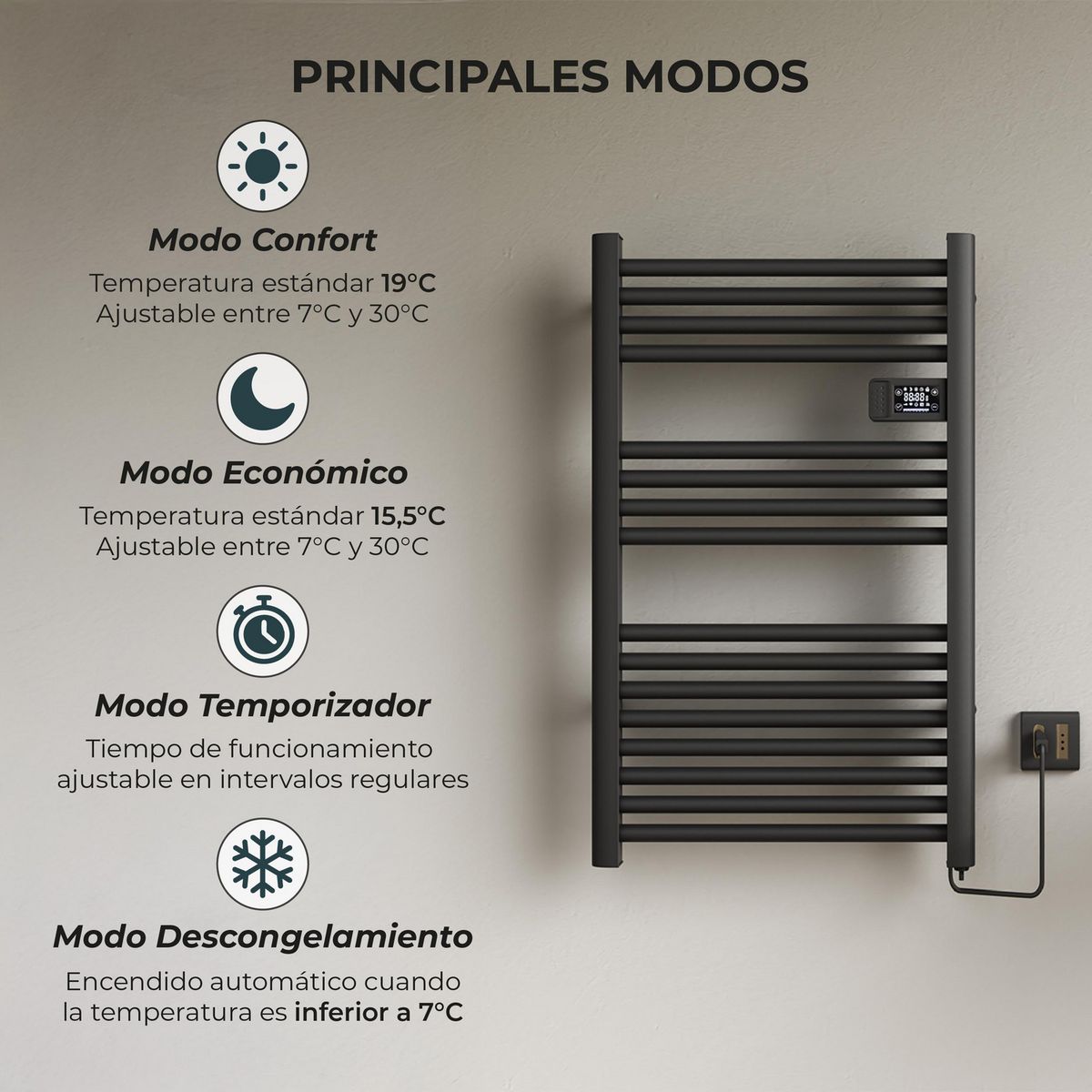 VERKEN - Secador Toallas para Baño Programable Radiación Vesubio Negro