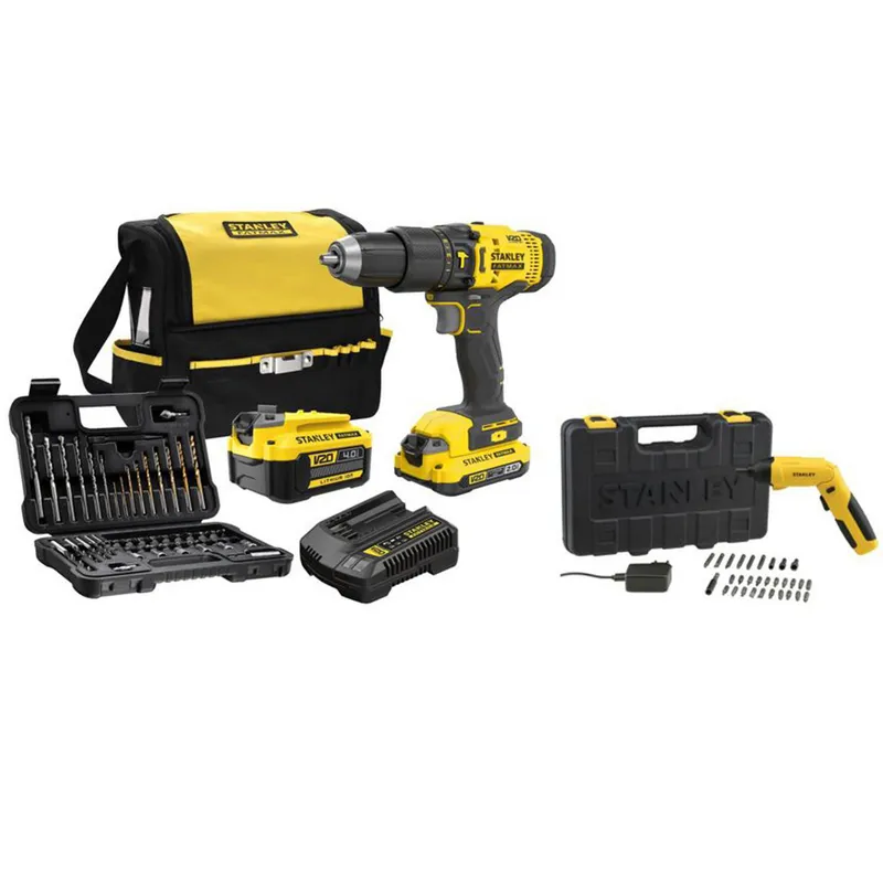STANLEY - Kit Taladro Percutor 20V + Batería 4AH + 50 Accesorios + Atornillador Inalámbrico