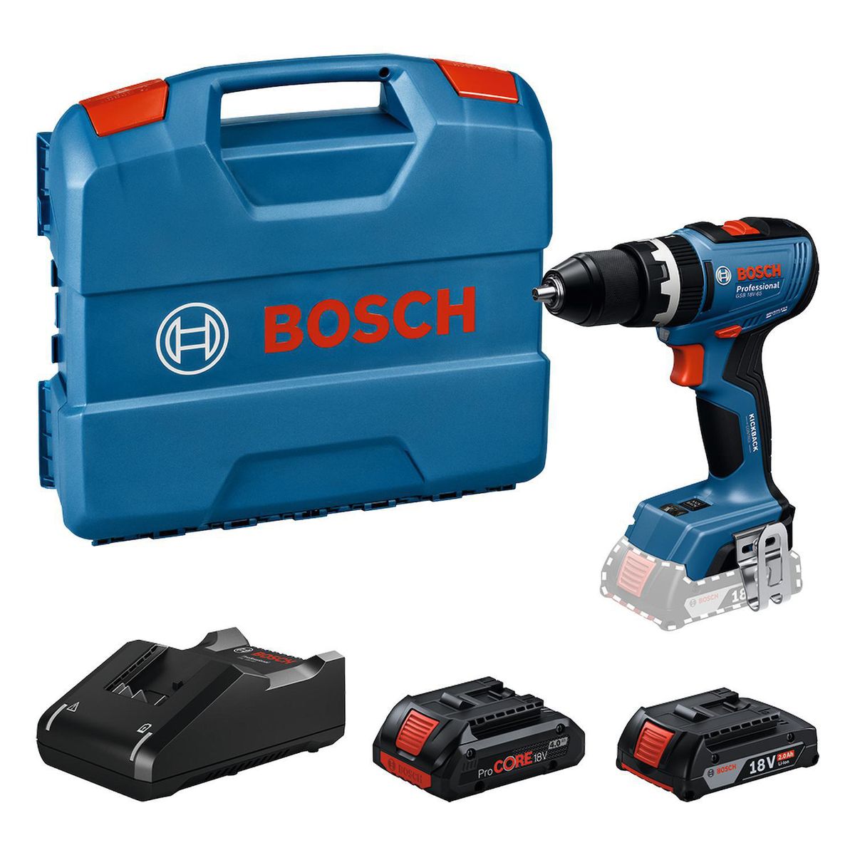 BOSCH - Taladro Percutor GSB 18V-65 + Batería 2Ah + Batería 4Ah + Cargador + Maletín