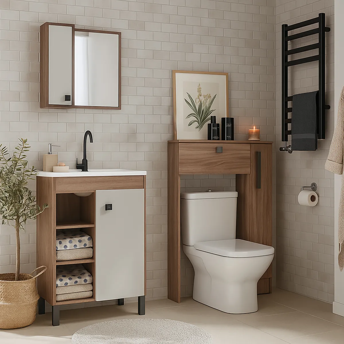 MOBILFRANK - Combo mueble de baño con lavamanos + Organizador WC café