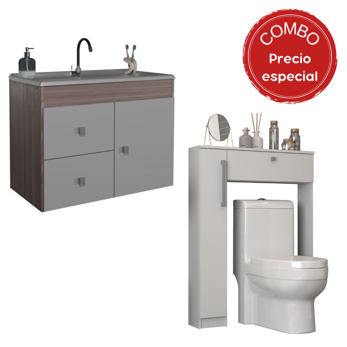 MOBILFRANK - Combo Mueble de baño con Lavamanos 1 puerta 2 cajones + Organizador WC Café Blanco
