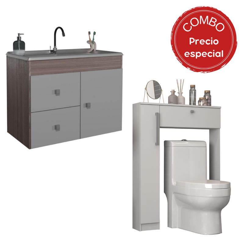 MOBILFRANK - Combo Mueble de baño con Lavamanos 1 puerta 2 cajones  + Organizador WC Café Blanco