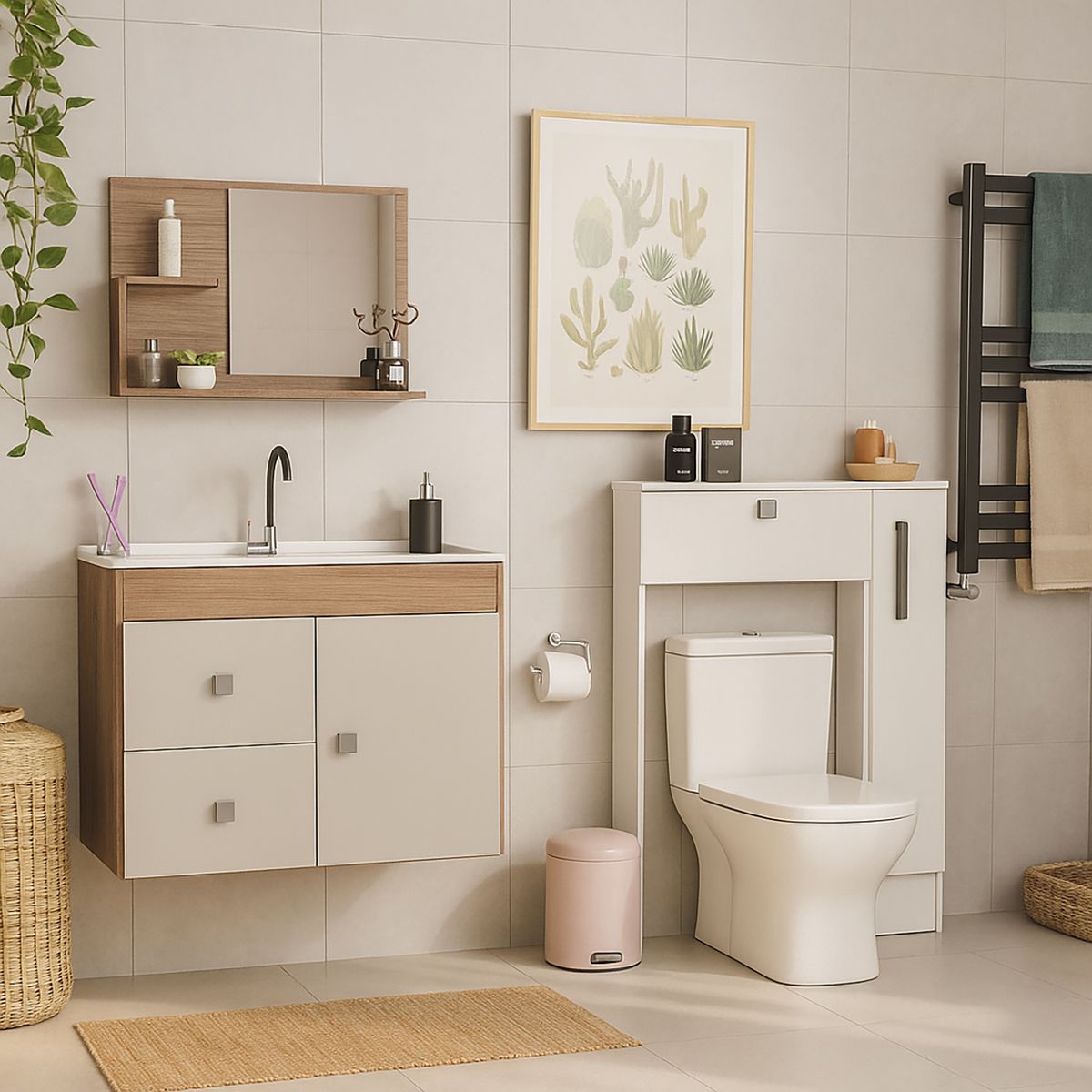 MOBILFRANK - Combo Mueble de baño con Lavamanos 1 puerta 2 cajones + Organizador WC Café Blanco