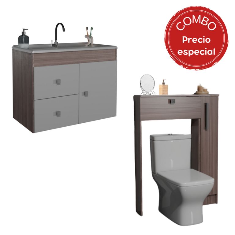 Combo Mueble de baño con Lavamanos 1 puerta 2 cajones + Organizador WC Café