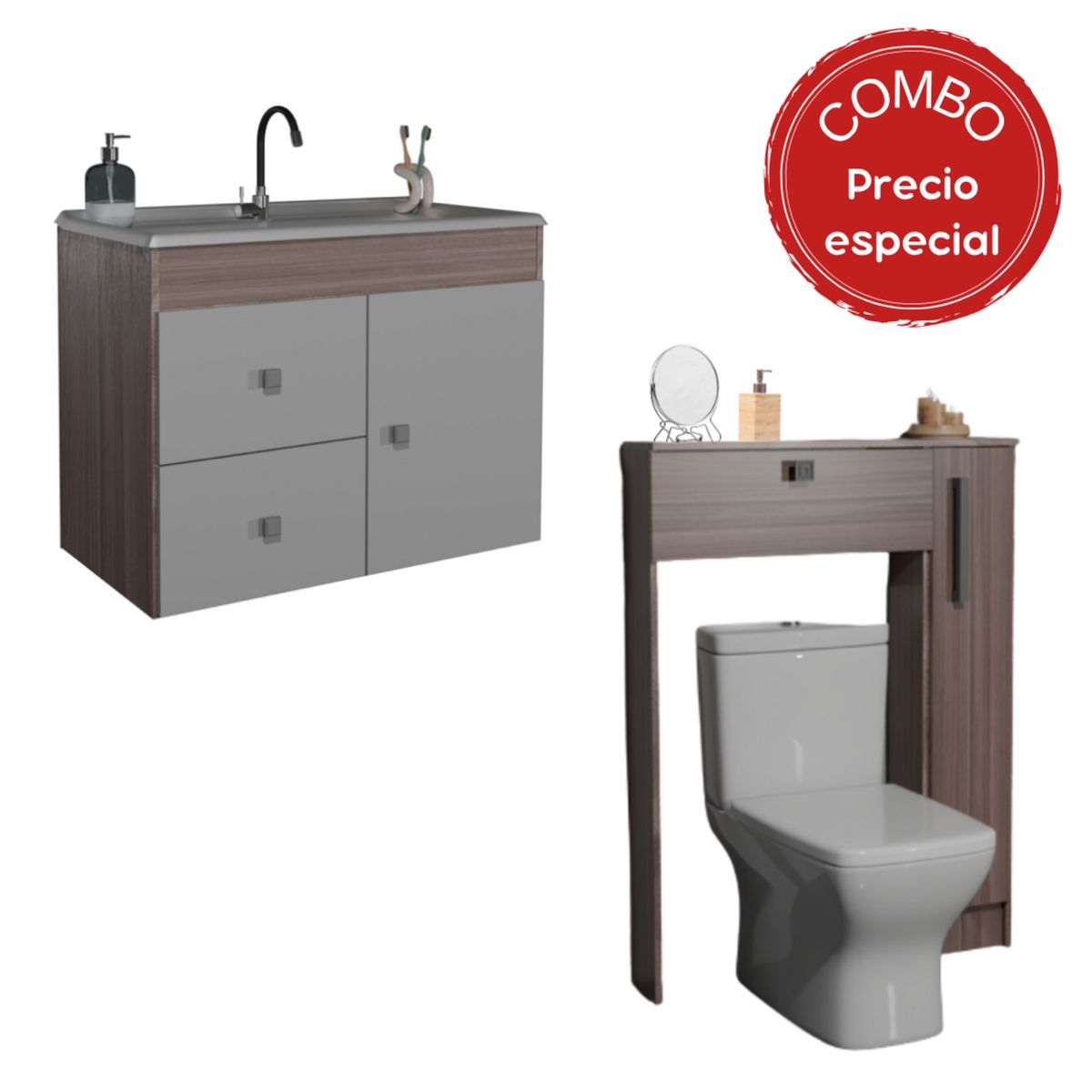 MOBILFRANK - Combo Mueble de baño con Lavamanos 1 puerta 2 cajones + Organizador WC Café