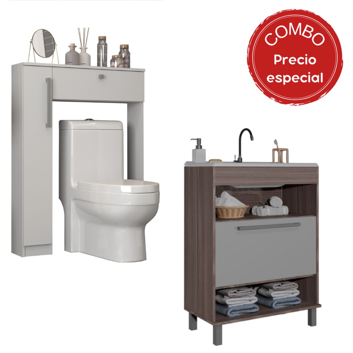 MOBILFRANK - Combo mueble de baño con lavamanos 1 puerta + Organizador WC smoke blanco