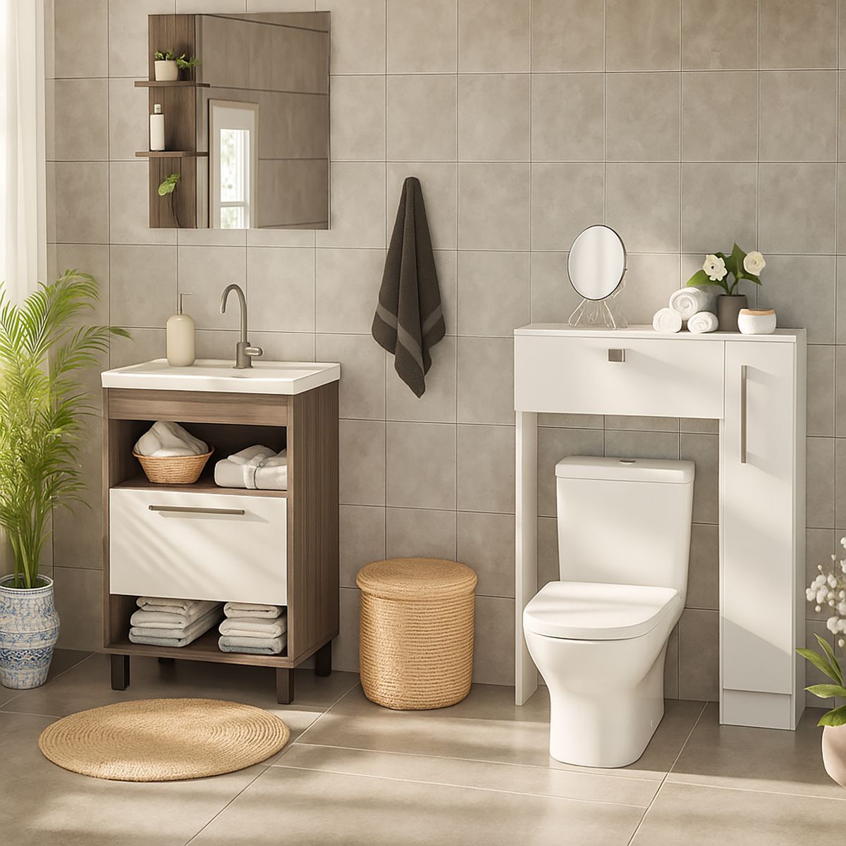 MOBILFRANK - Combo mueble de baño con lavamanos 1 puerta + Organizador WC smoke blanco