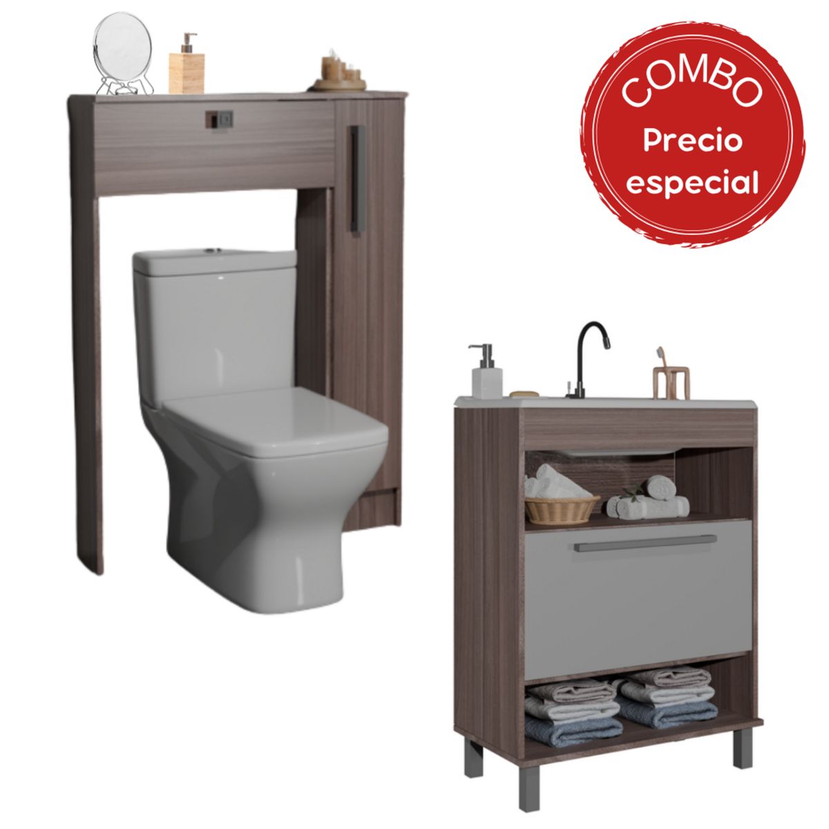 MOBILFRANK - Combo mueble de baño con lavamanos 1 puerta + Organizador WC smoke