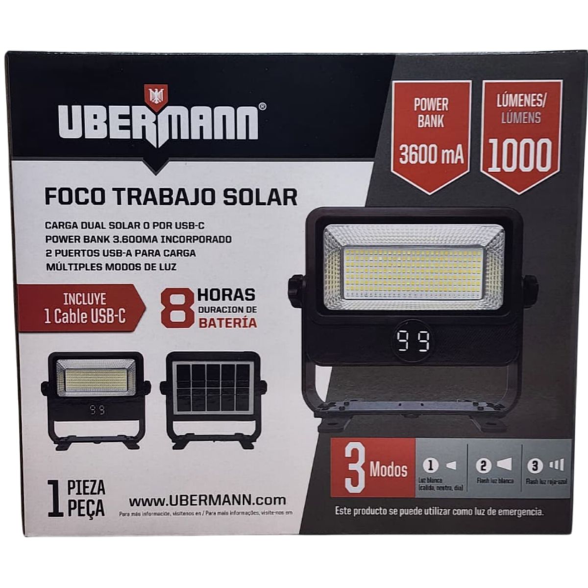 UBERMANN - Foco solar led para trabajo 1.000 LM con power bank