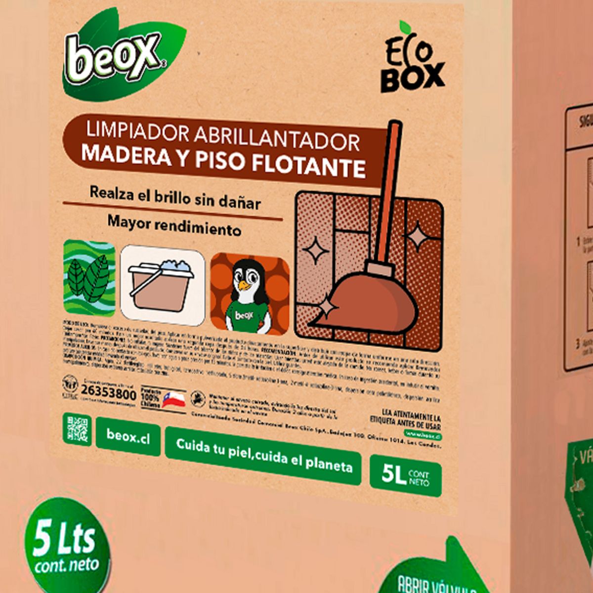 BEOX - Limpiador Abrillantador Piso Flotante Parquet Ecobox 5 Litros