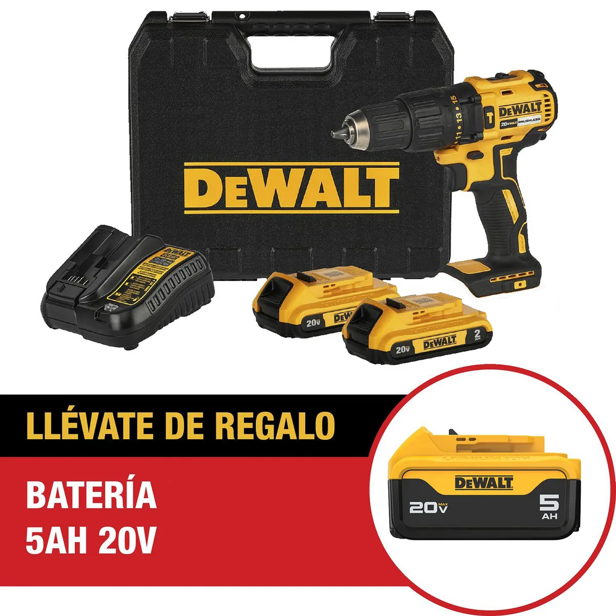 DEWALT - Taladro Inalámbrico Percutor 13 mm 20 V + Cargador + Batería 5 Ah