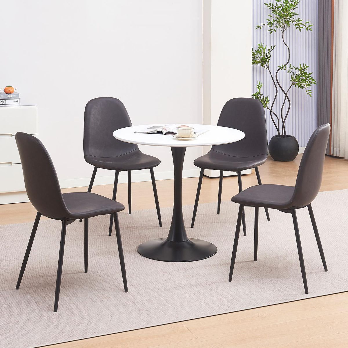 JUST HOME COLLECTION - Juego de comedor Saona 4 Sillas Mesa Redonda 80x76x80 cm Blanca y negro