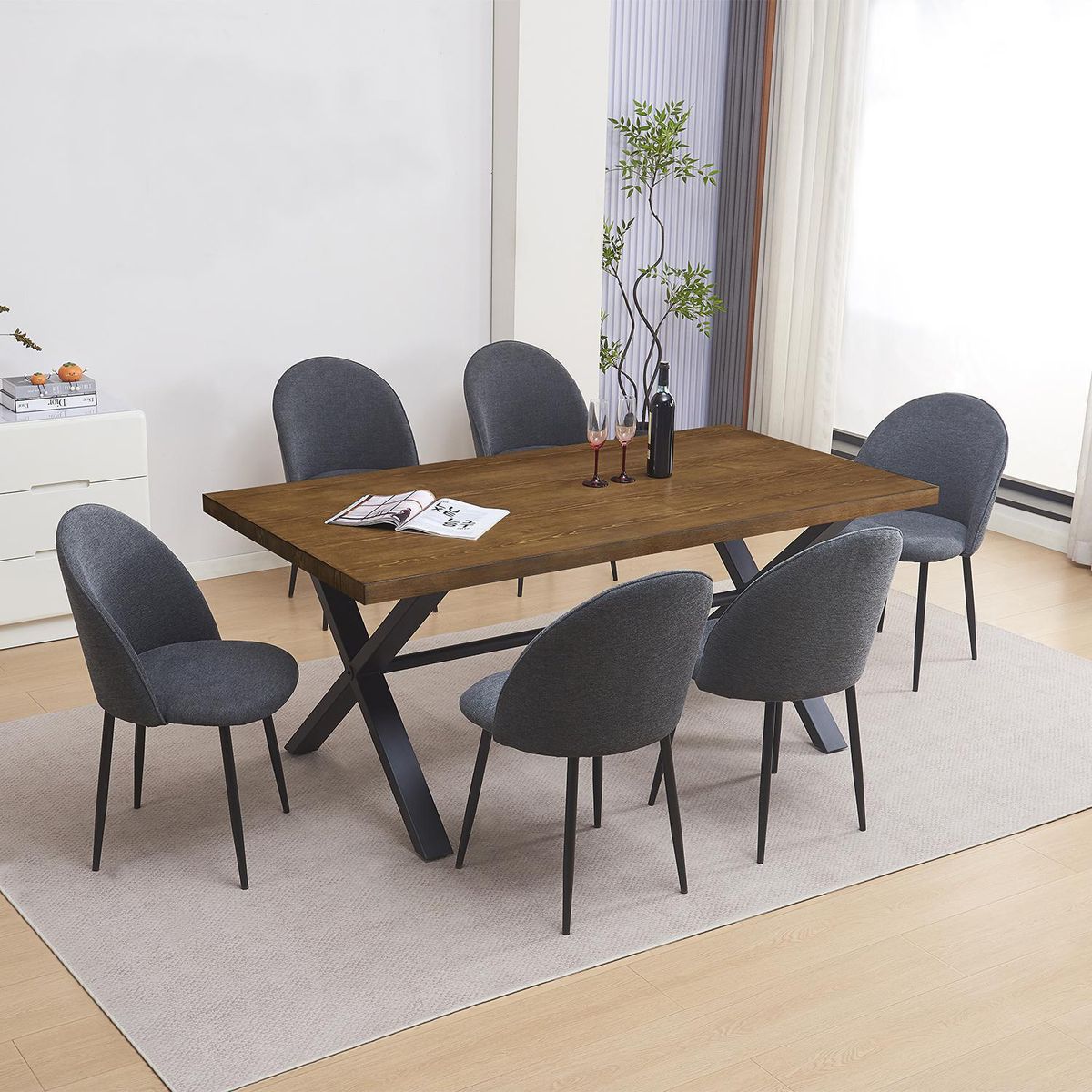 JUST HOME COLLECTION - Juego de comedor Lombok 6 Sillas Mesa Rectangular 90x76x180 cm Café