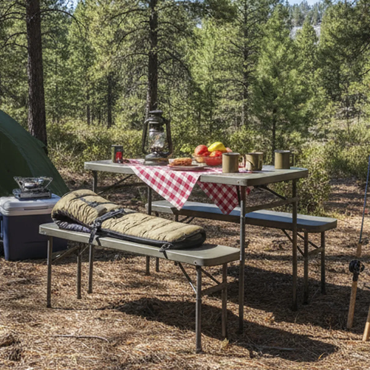 COLEMAN - Set de Mesa y Bancos Plegables Rectangular Acero 61x70.5x102 cm Beige