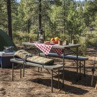 Set de Mesa y Bancos Plegables Rectangular Acero 61x70.5x102 cm Beige