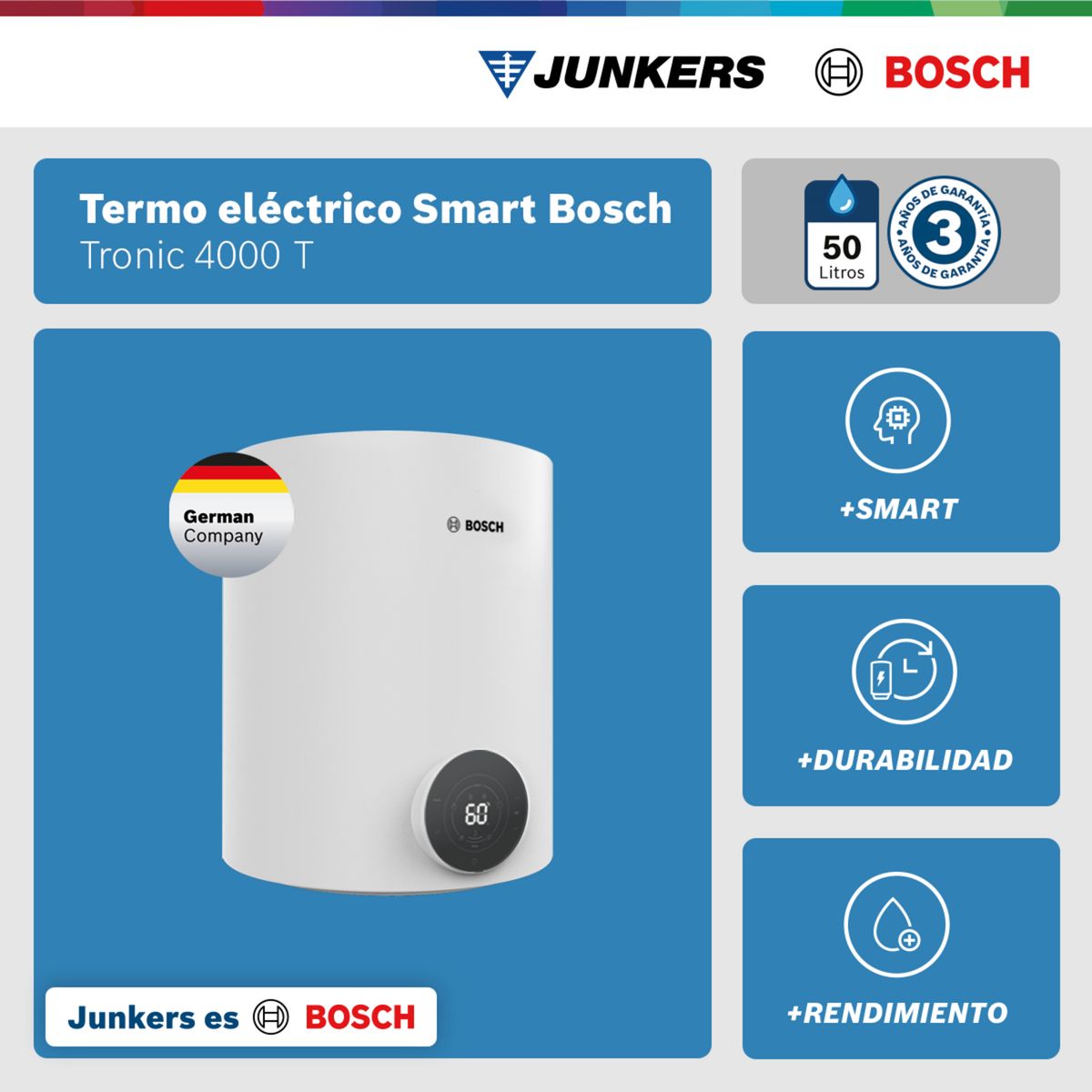 BOSCH - Termo eléctrico Eléctrica 50 Litros 1500 W de Muro