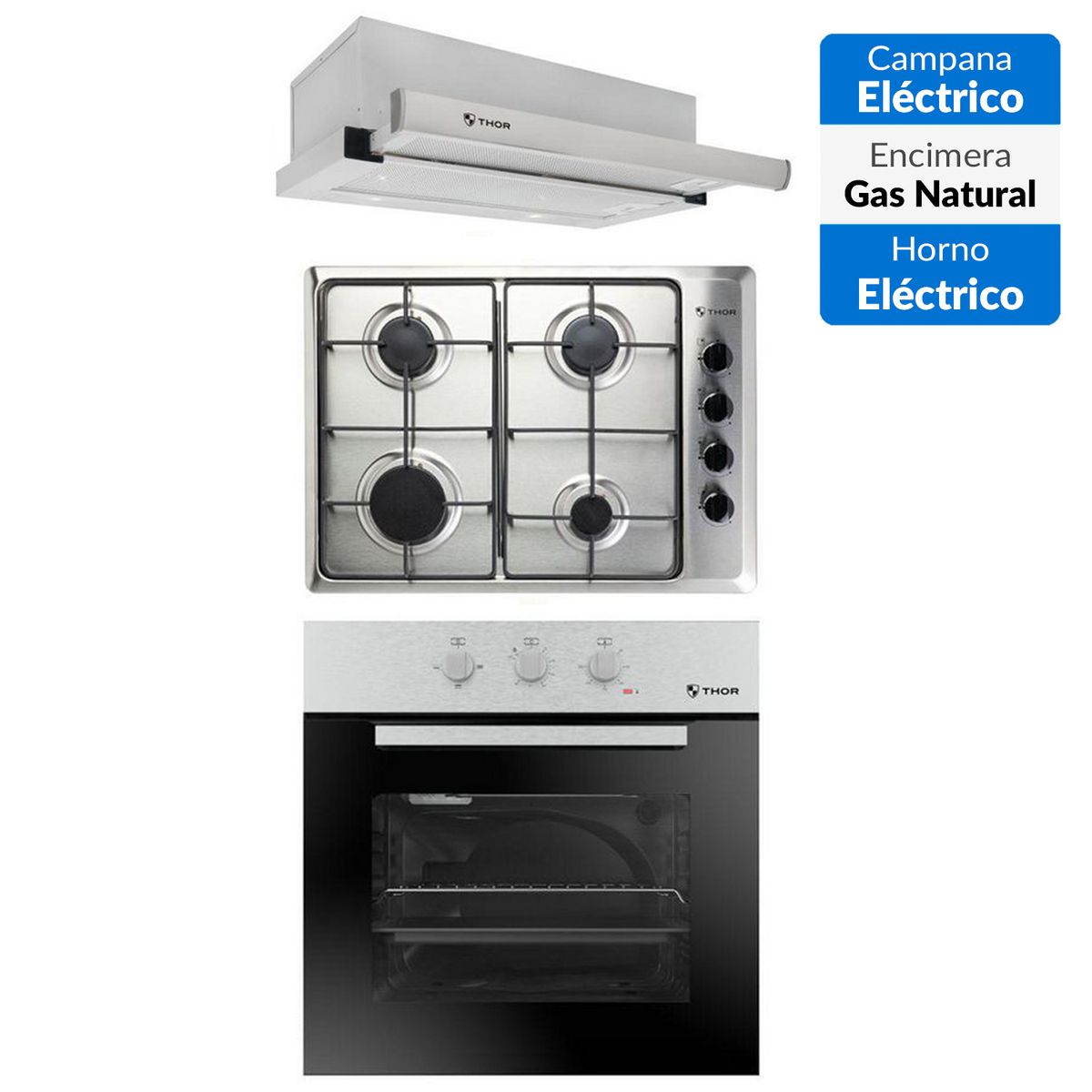 THOR - Kit Empotrado Horno Eléctrico + Encimera + Campana Extraible Inox
