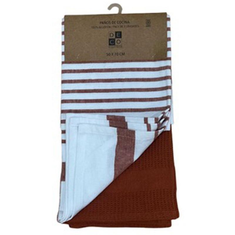 DECO EXPRESS - Set 2 Paños de Cocina Rectangular 50x70 cm Líneas Terracota