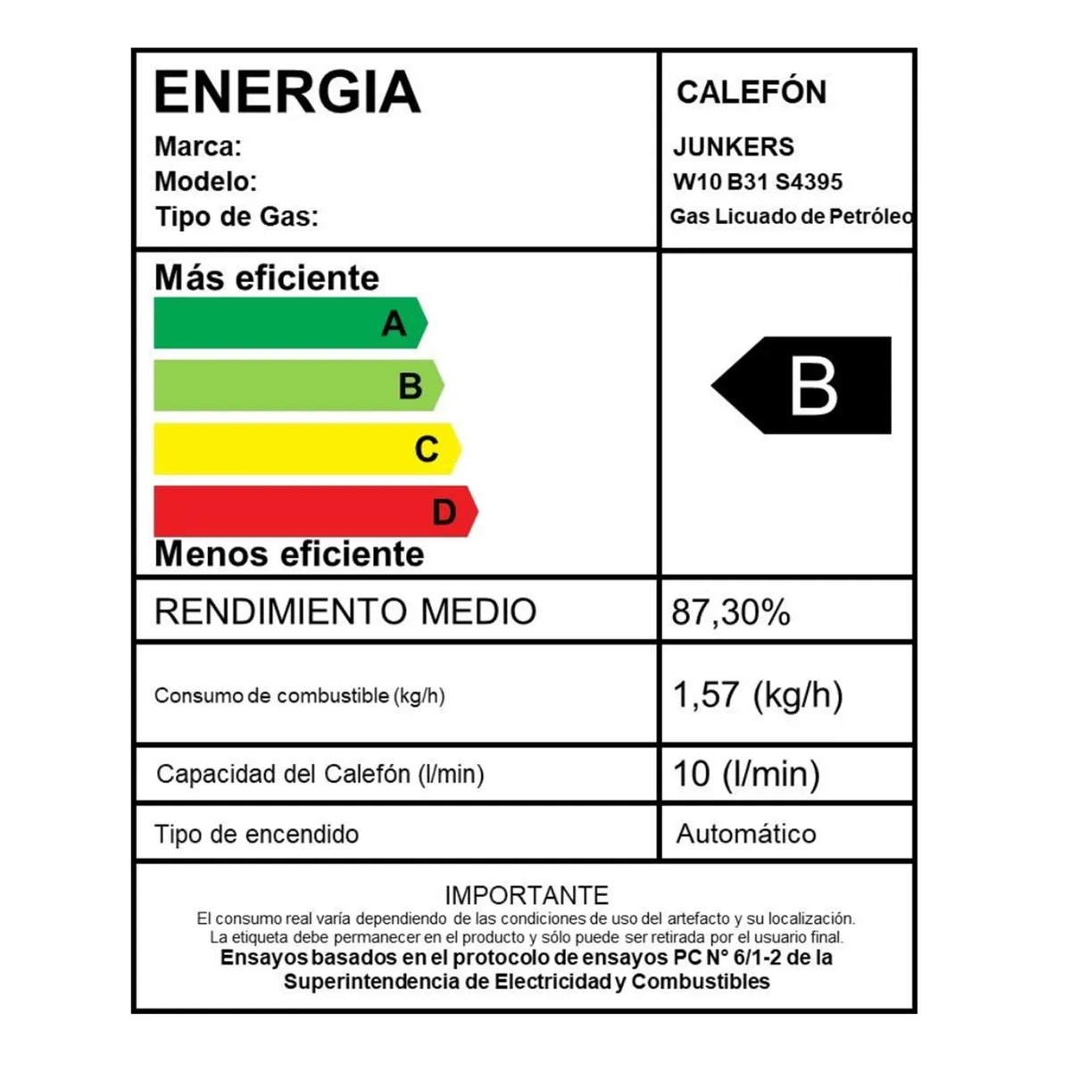 JUNKERS - Calefón Gas Licuado 10 Litros Tiro Natural Ionizado