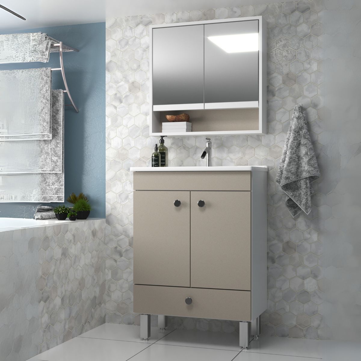 HOME MOBILI - Mueble Kit vanitorio City Blanco - gris 60x145x33 cm