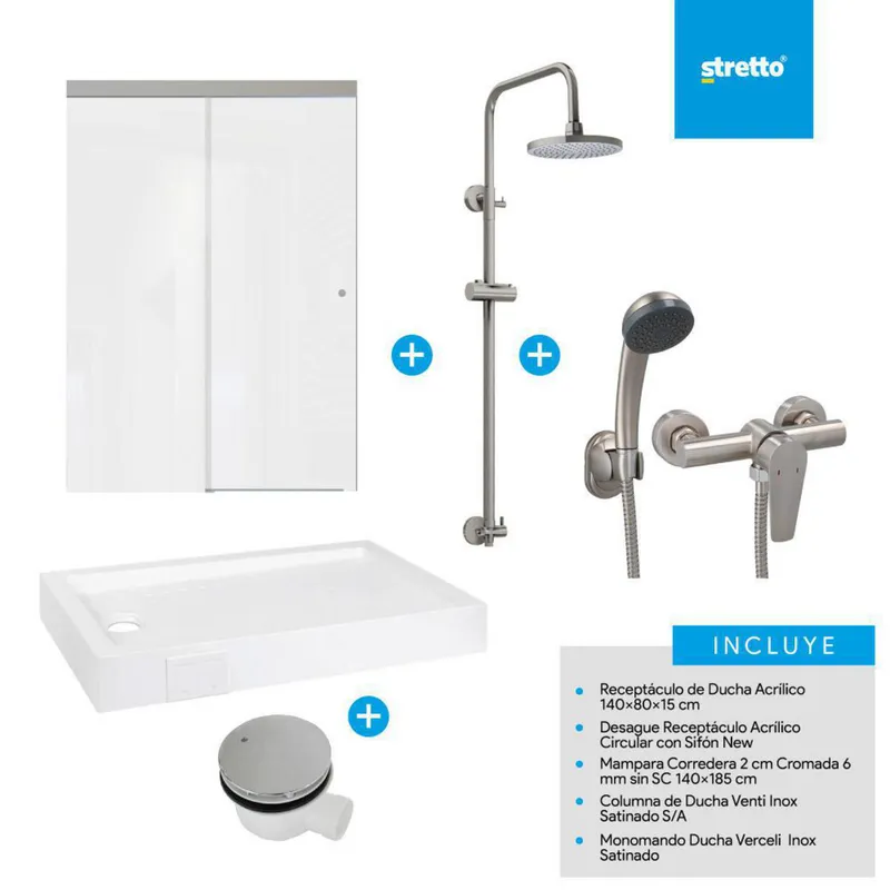 MOSAICO - Pack receptaculo 140x80 cm acrilico + mampara 140 + columna + ducha + desague