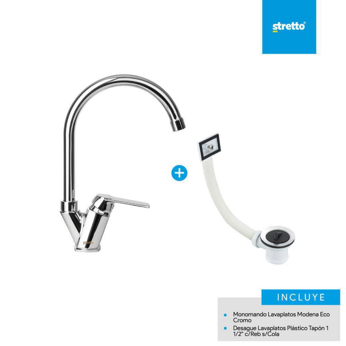 STRETTO - Pack Monomando Lavaplatos + Desagüe con Rebalse Modena Eco Cromado