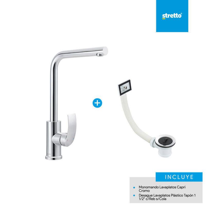 Pack Monomando Lavaplatos Desagüe con Rebalse Capri Cromado
