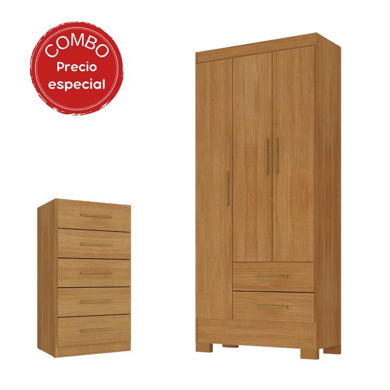 Combo closet 3 puertas 2 cajones + cómoda 5 cajones