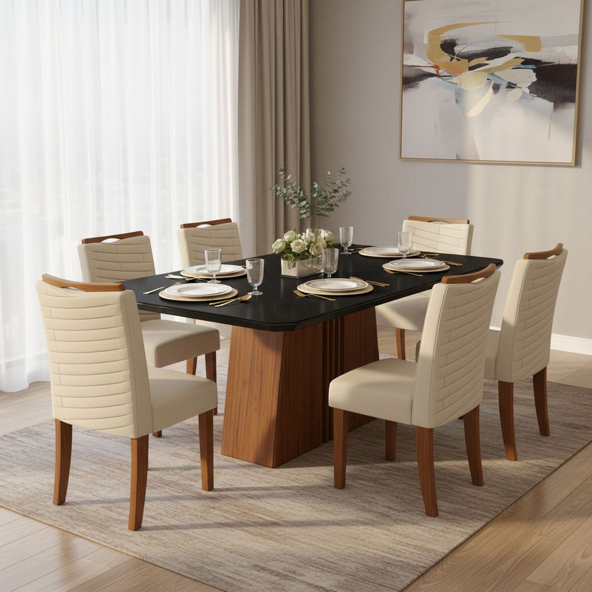 VEKKAHOME - Juego de comedor Italia Julia 6 Sillas Mesa Rectangular 90;80,5;170 Negro