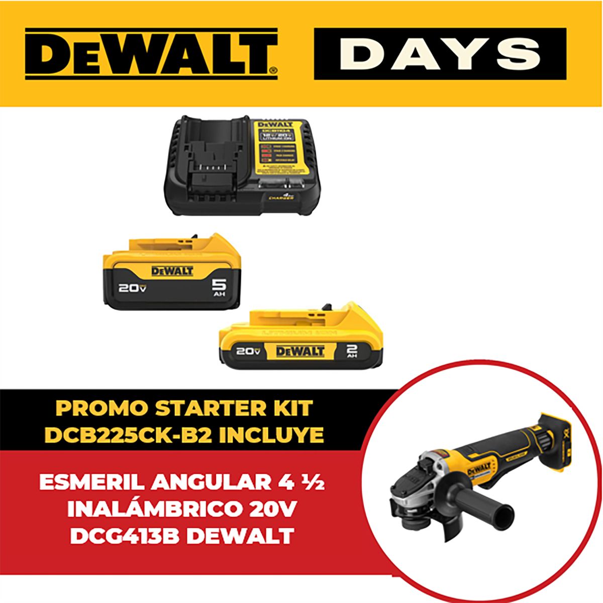 DEWALT - Esmeril Angular 4 1/2" 20V + 2 Baterías + cargador