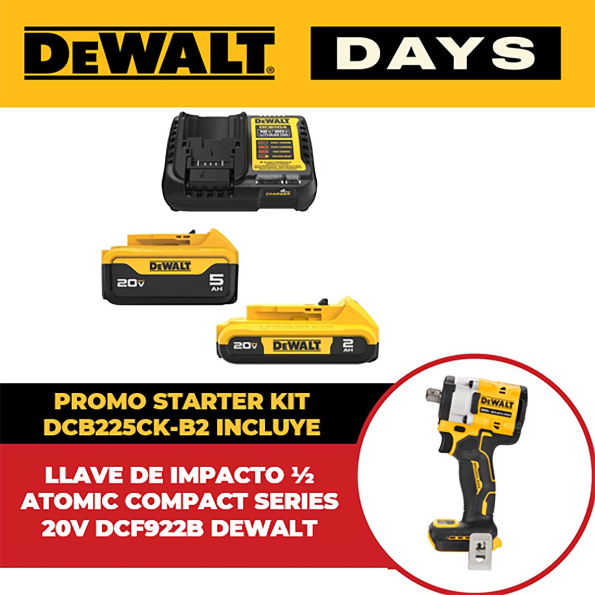 DEWALT - Llave de Impacto 1/2" 13mm 20V + 2 Baterías + cargador