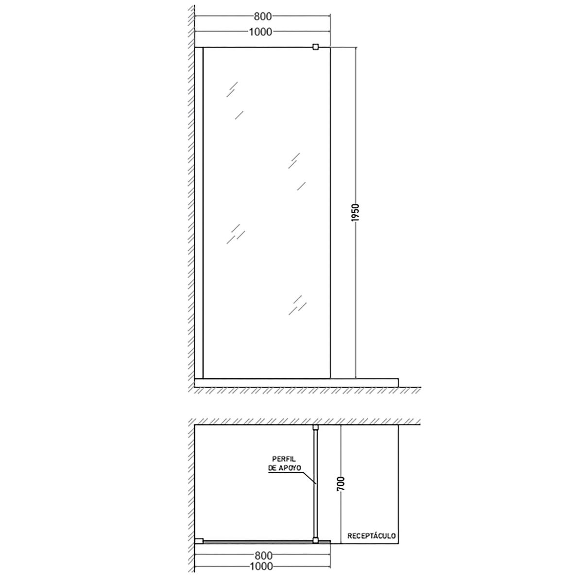 TEBISA - Mampara de Receptáculo Fija 100x195 cm Vidrio Templado 8 mm