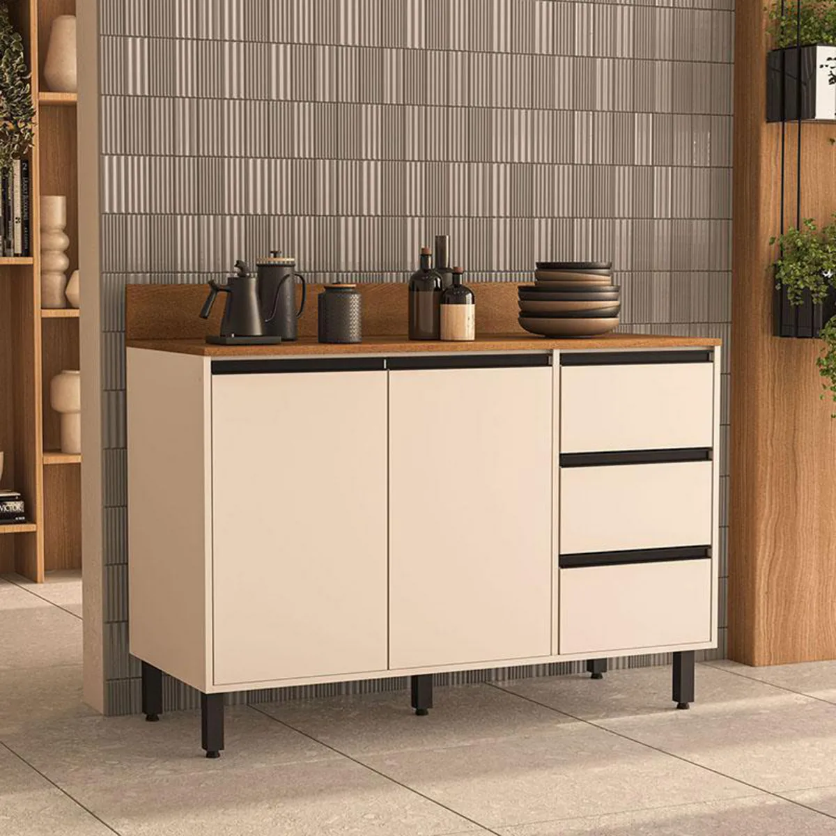 VEKKAHOME - Mueble De Cocina Base Koya Beige 2 Puertas 3 Cajones