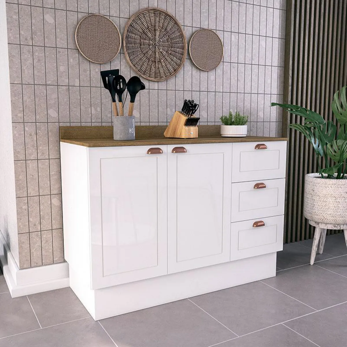 VEKKAHOME - Mueble De Cocina Base Perola Blanco 2 Puertas 3 Cajones