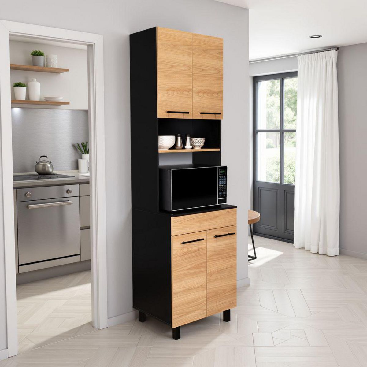 TUHOME - Mueble De Cocina Para Microondas Luna Wengue Y Fresno 210x60x49,1 Cm