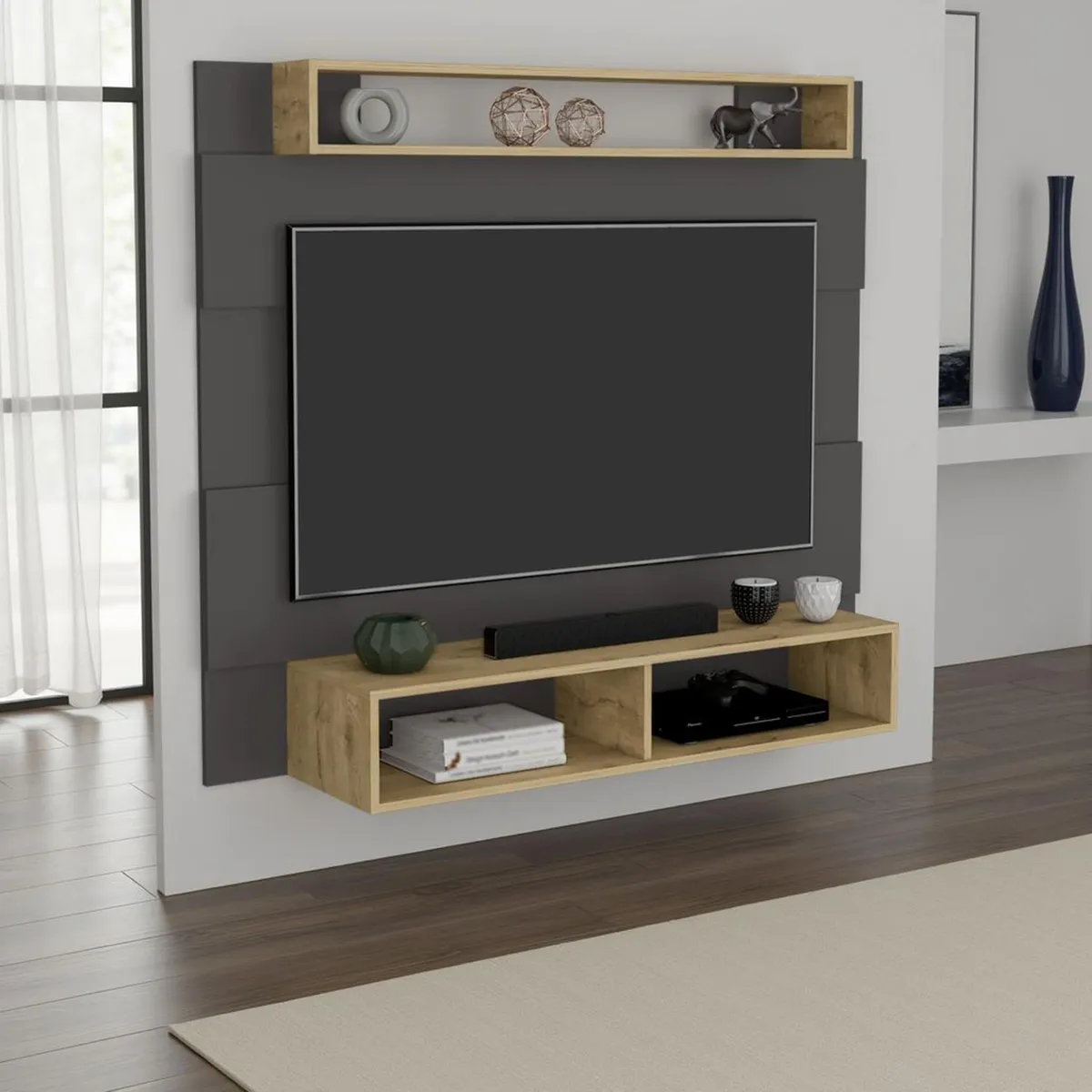 TUHOME - Panel Rack TV 65" Charlotte Plomo Macadamia 140x120x31.5 cm