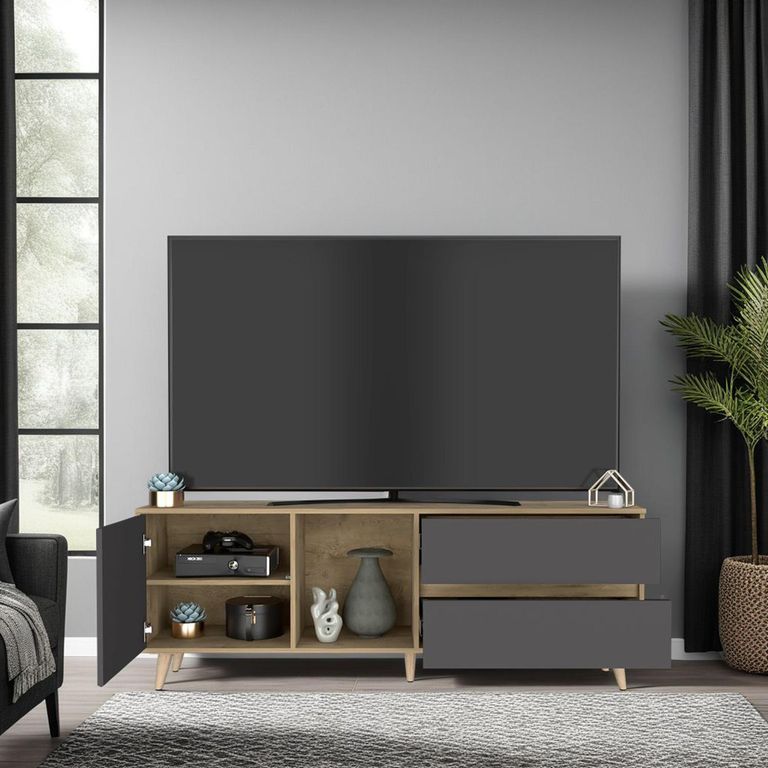 TUHOME Rack TV 65 " Salem Macadamia/plomo 158.4x58.4x38 cm