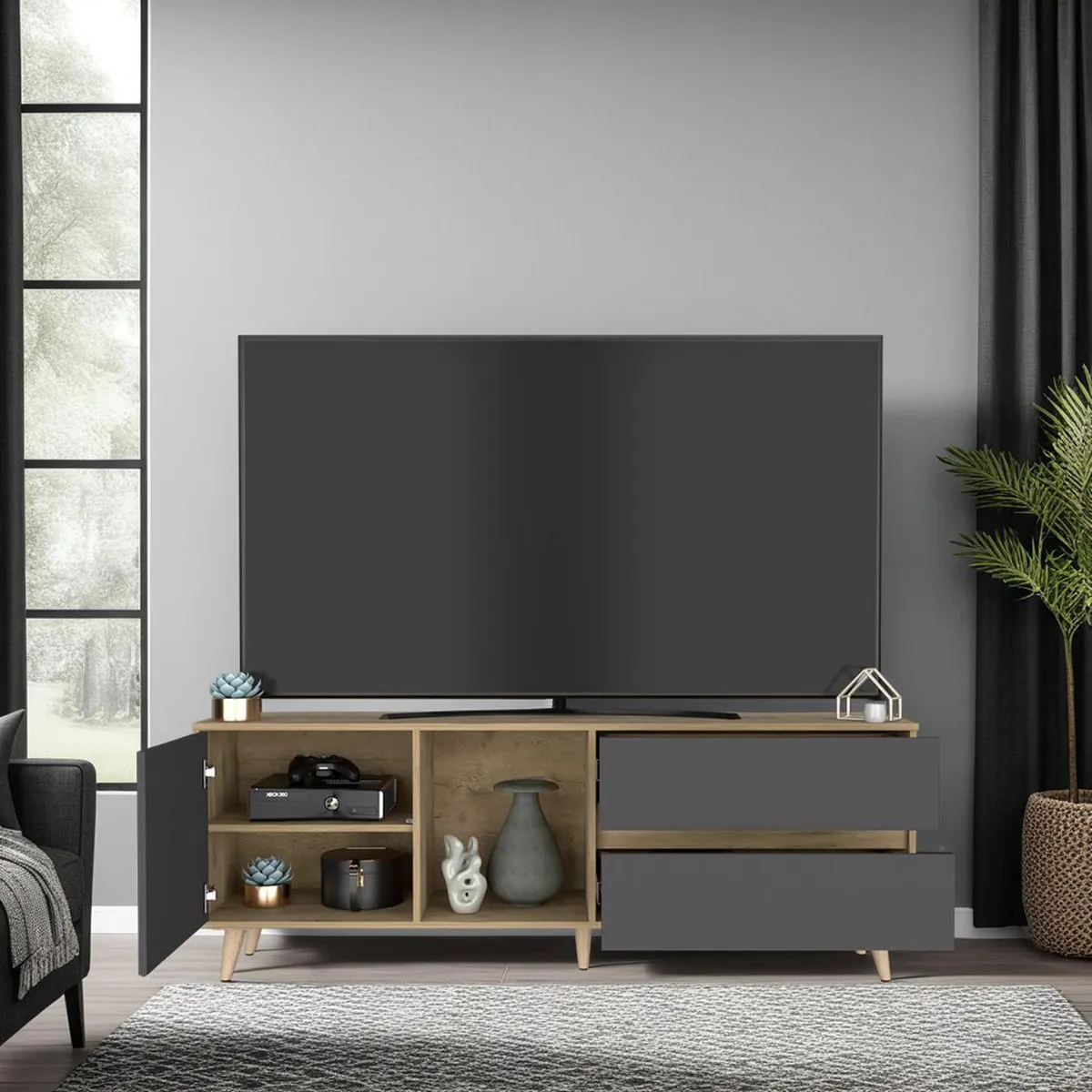 TUHOME - Rack TV 65 " Salem Macadamia/plomo 158.4x58.4x38 cm
