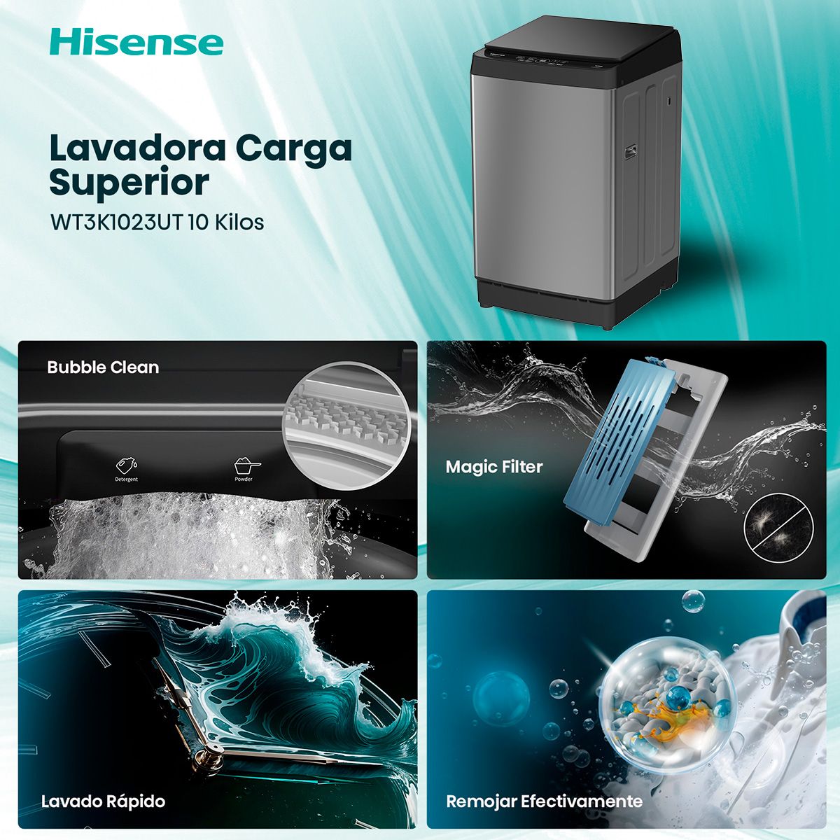 HISENSE - Lavadora Carga Superior 10 kg Inox WT3K1023UT