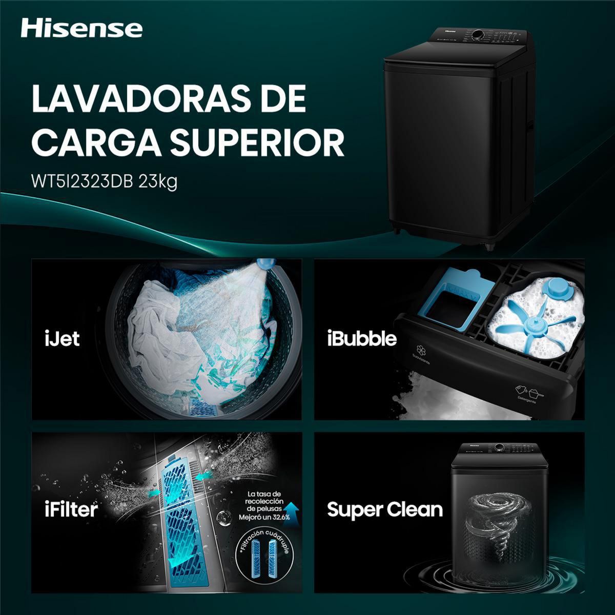 HISENSE - Lavadora Carga Superior 23 kg Inox WT5I2323DB